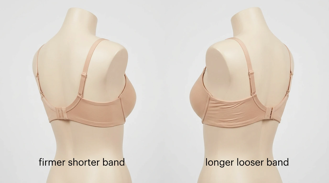 Two bras with similar cup volume but different band tension and wire width