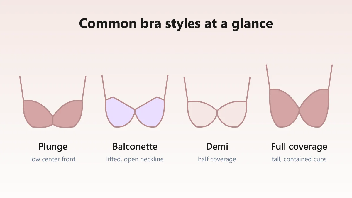 Lineup of common bra silhouettes including plunge, balconette, demi, and full coverage