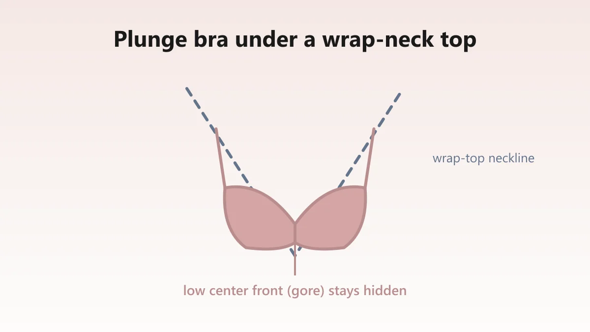 Low-center plunge bra under a wrap-neck top