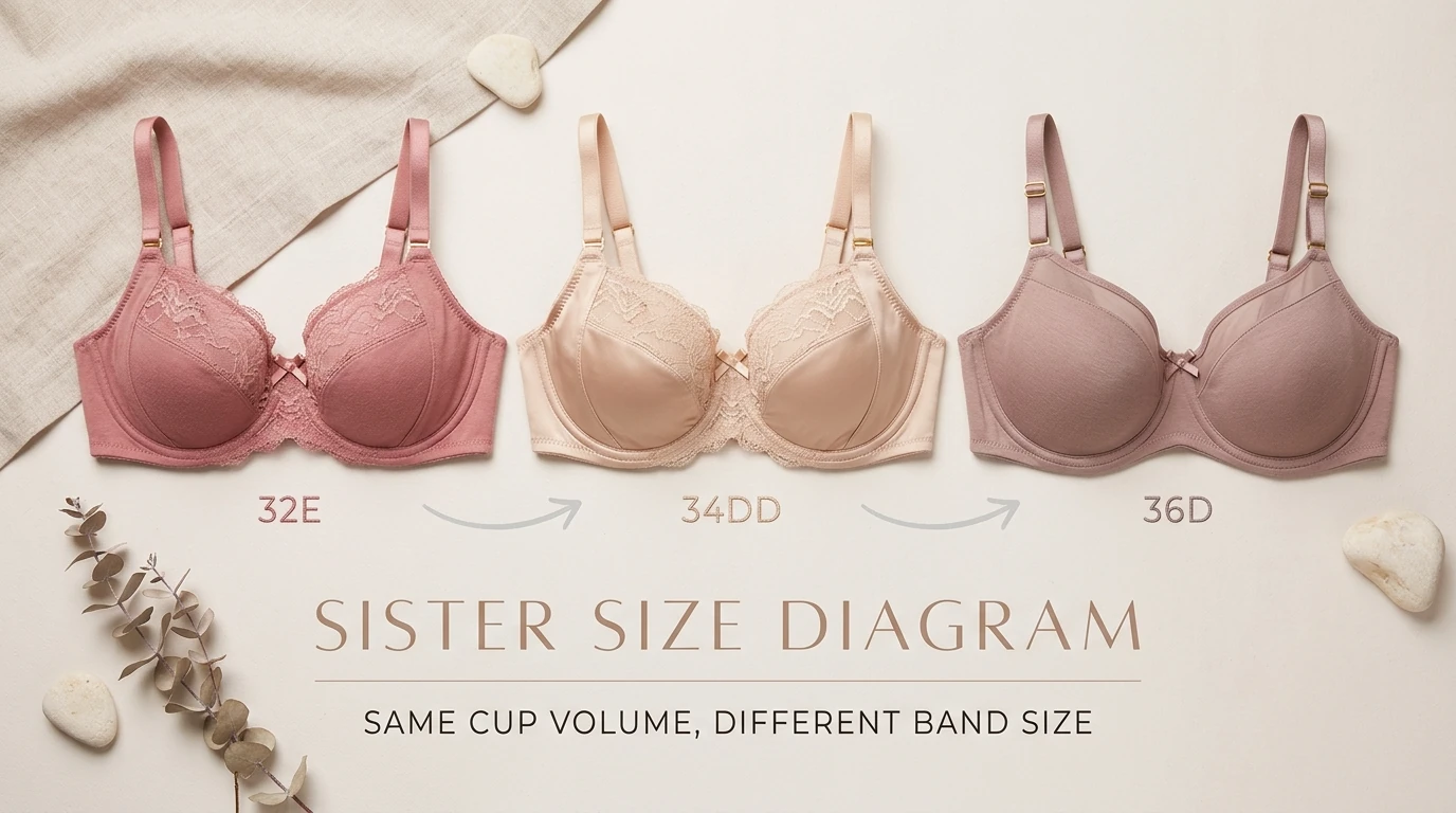 Sister size chart showing 34DD, 36D, and nearby bra sizes